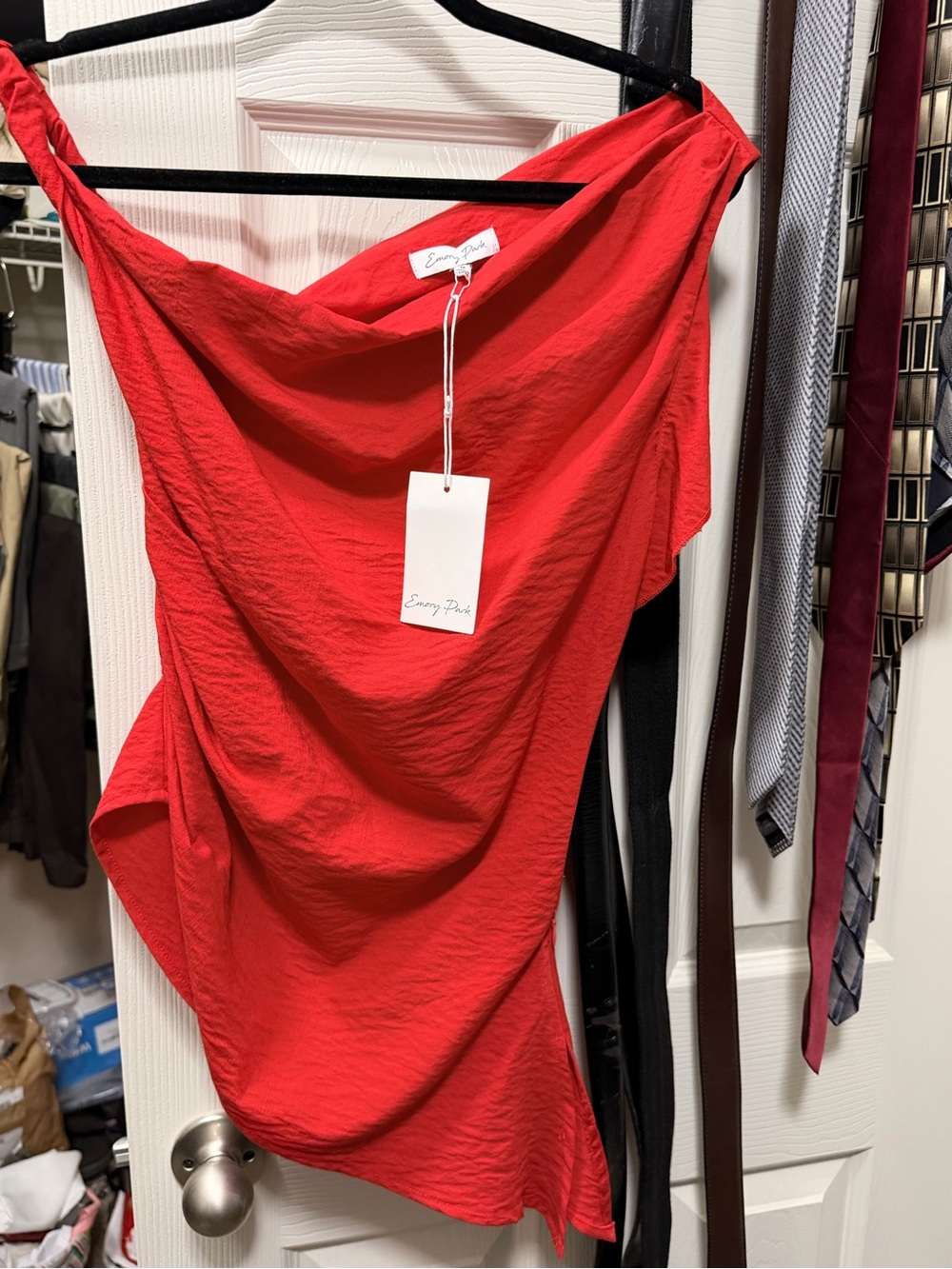 emory park Bright Red Draped One-Shoulder Top